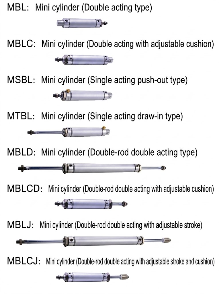 Available specifications for MBL aluminum alloy mini cylinders