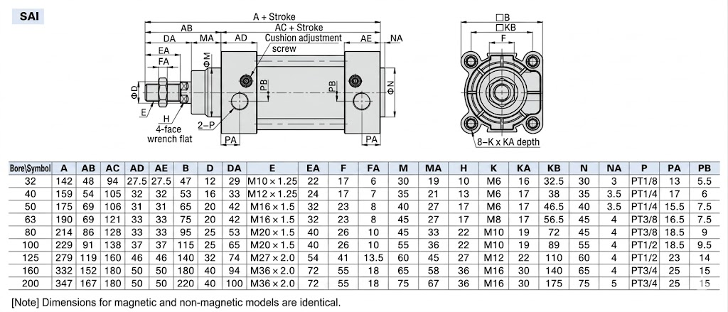 SAI Standard Cylinder Product Dimensions