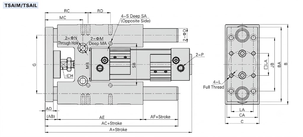 TSAI Series Guided Air Cylinder External Dimensions