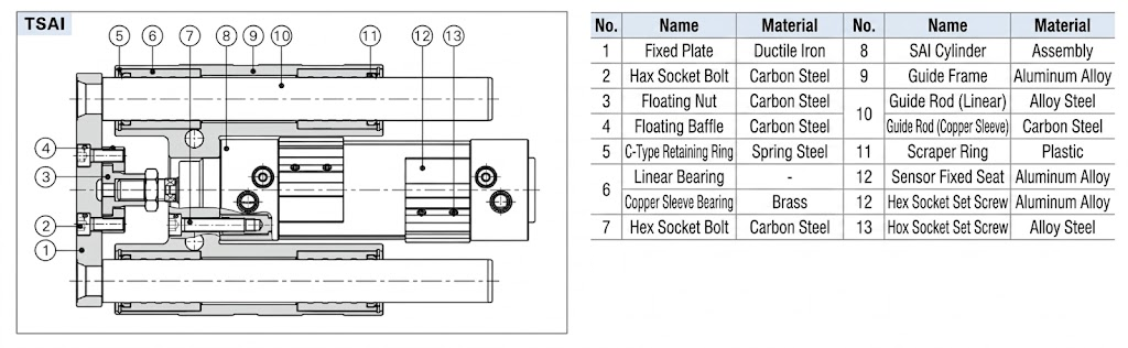 TSAI Series Guided Air Cylinder Internal Structure and Materials of Main Components