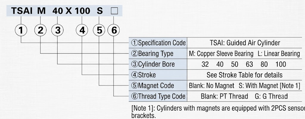 TSAI Series Guided Air Cylinder Finished Product Order Code