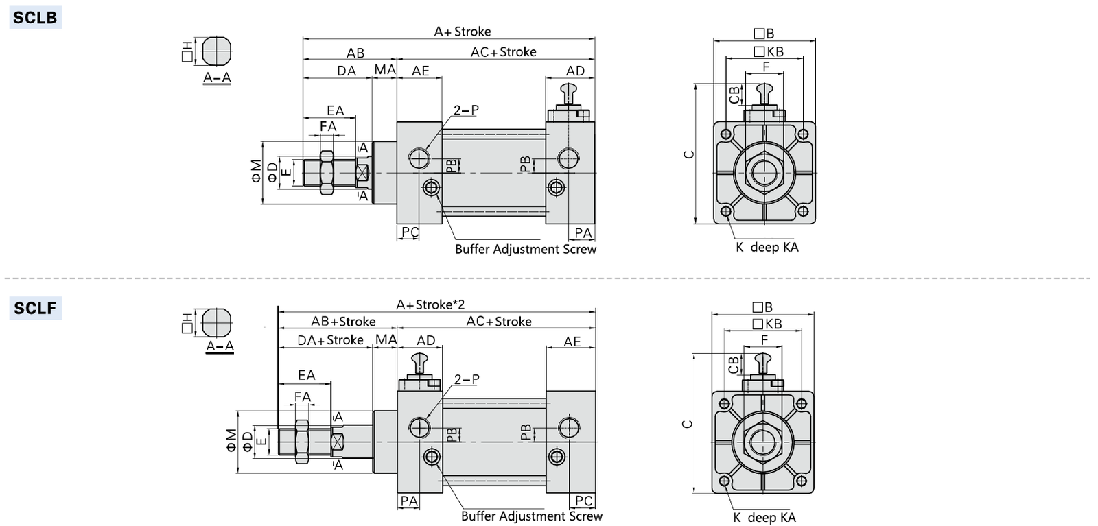 SCL Series locking air cylinders Size Information
